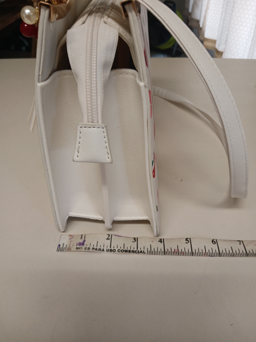 White Cherry Print Tote Bag with Matching Cherry Tassel Charm - Picture 7 of 9
